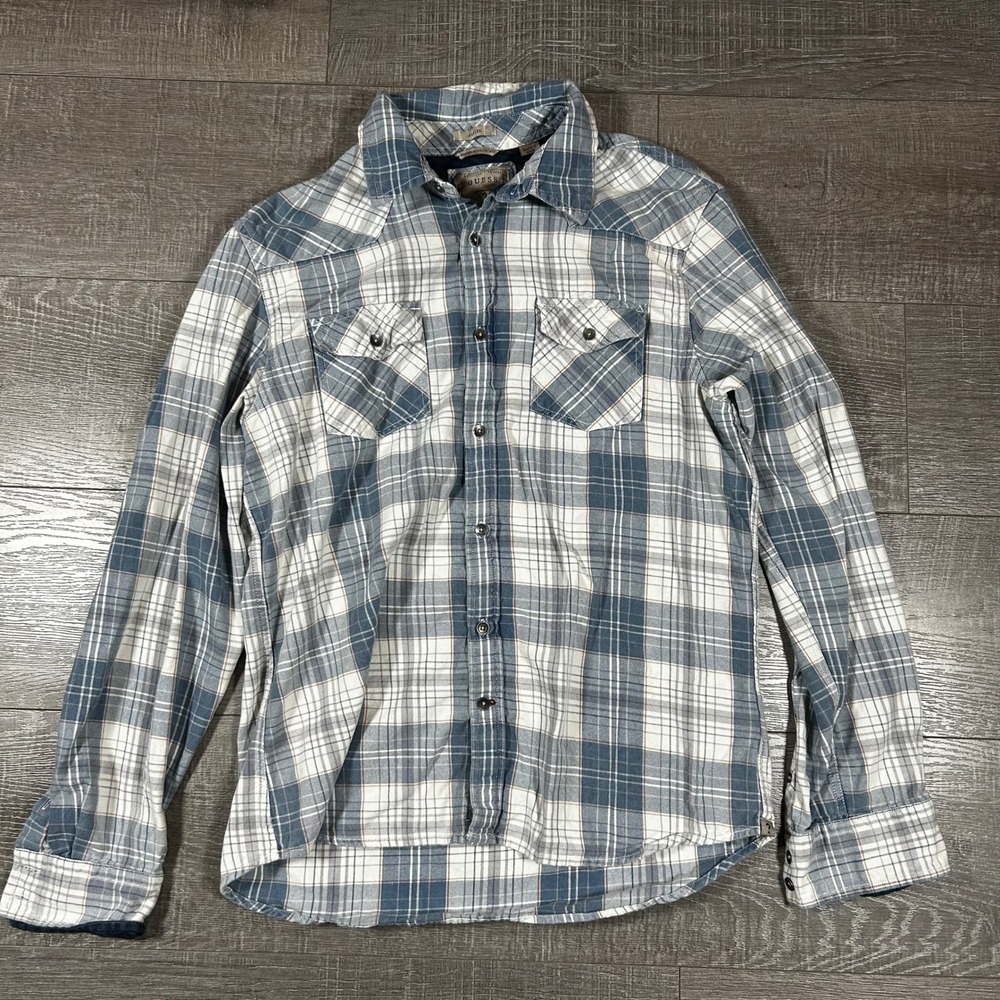 Guess Western Slim Fit Plaid Button Down Shirt Mens Blue Tiger Graphic L‎